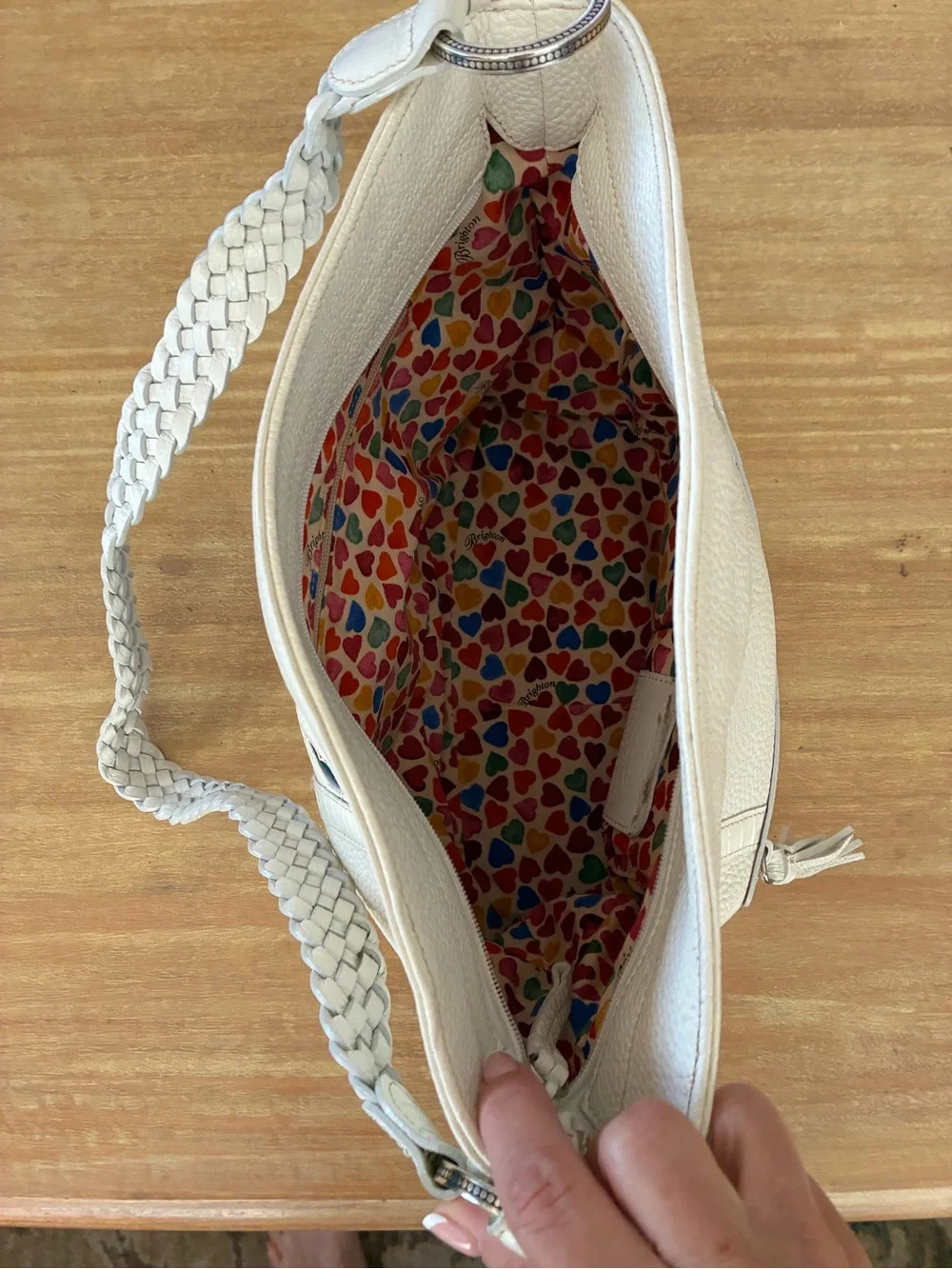 Brighton White Leather Shoulder Bag with Multicolor Heart Accents